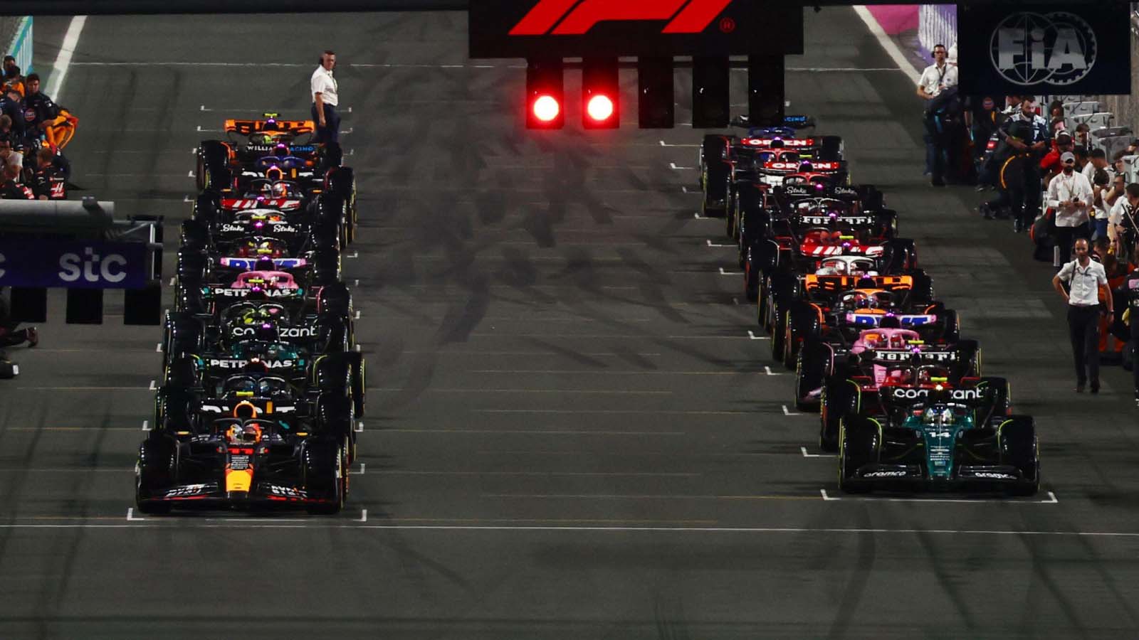 The starting grid ready for its formation lap. Saudi Arabia March 2023.