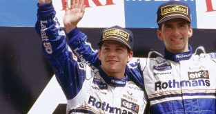 Damon Hill beat Jacques Villeneuve, the team-mates on the podium. Canada 1996
