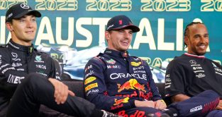 George Russell, Max Verstappen and Lewis Hamilton. Melbourne, Australia. April 2023.