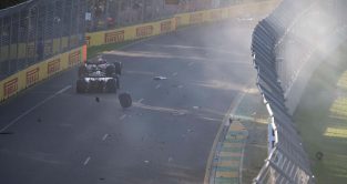 Smoke fills the air after an accident at the restart. Australian GP Melbourne April 2023.