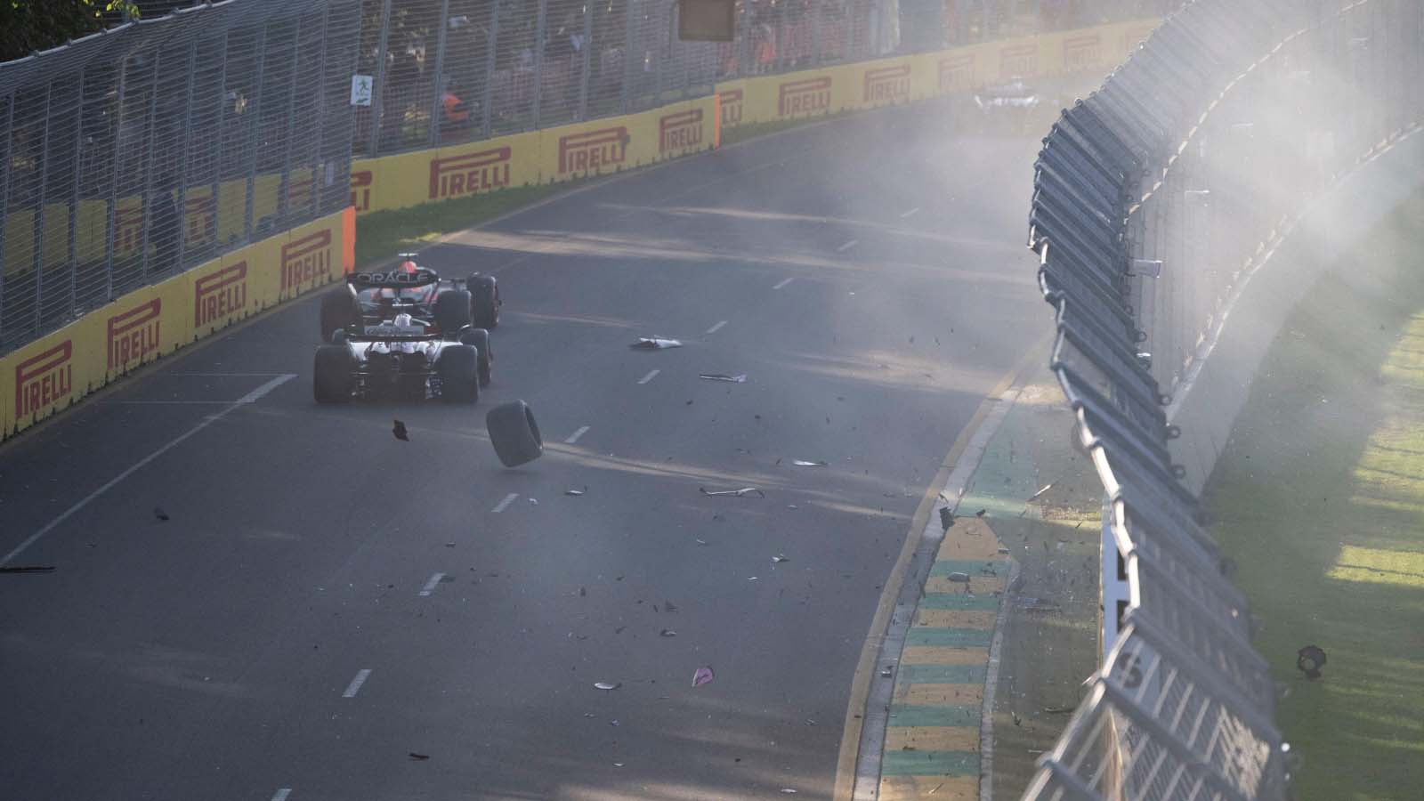 Smoke fills the air after an accident at the restart. Australian GP Melbourne April 2023.