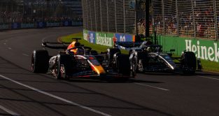Max Verstappen uses DRS to fly past Lewis Hamilton. Australia April 2023