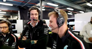 Toto Wolff laughing with Mick Schumacher in the Mercedes garage. Australia April 2023