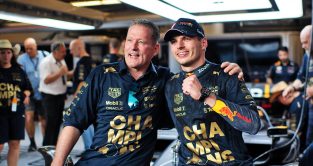 Max Verstappen and Jos Verstappen celebrate title success. Austin, October 2022.