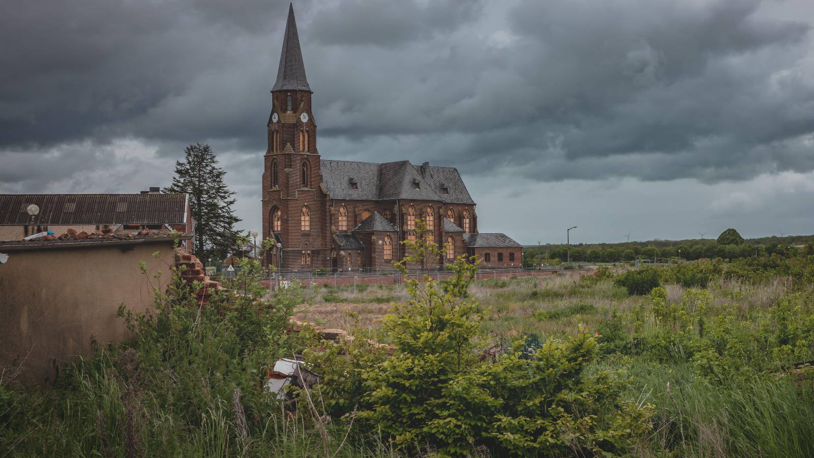 Abandoned Kerpen-Manheim church, town where Michael Schumacher grew up. Germany, May 2021.