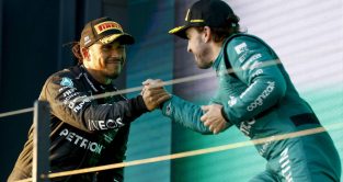 Lewis Hamilton, Mercedes, Fernando Alonso, Aston Martin, shake hands. Australia, April 2023.
