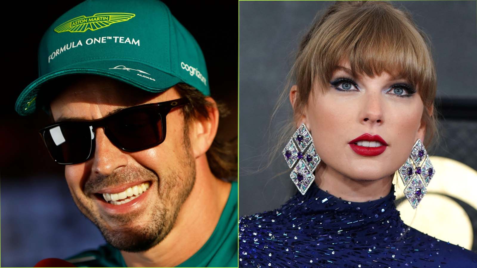 Split-screen of Fernando Alonso and Taylor Swift.