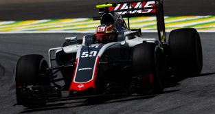 Haas' Charles Leclerc on track at the 2016 Brazilian Grand Prix.