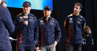 Max Verstappen, Sergio Perez and Daniel Ricciardo. New York, February 2023.