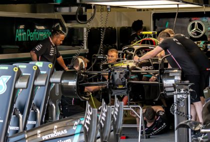 Lewis Hamilton speaking to his mechanics in the Mercedes garage. Azerbaijan April 2023