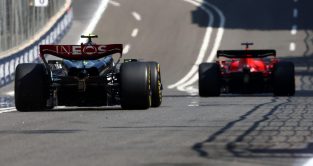 Lewis Hamilton, Mercedes, follows a Ferrari. Azerbaijan, April 2023.