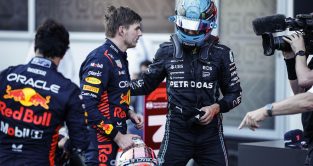 Mercedes driver George Russell with Red Bull driver Max Verstappen at the Azerbaijan Grand Prix. Baku, April 2023.