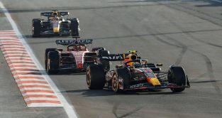 Sergio Perez leads a Red Bull and Ferrari battle. Azerbaijan, April 2023.