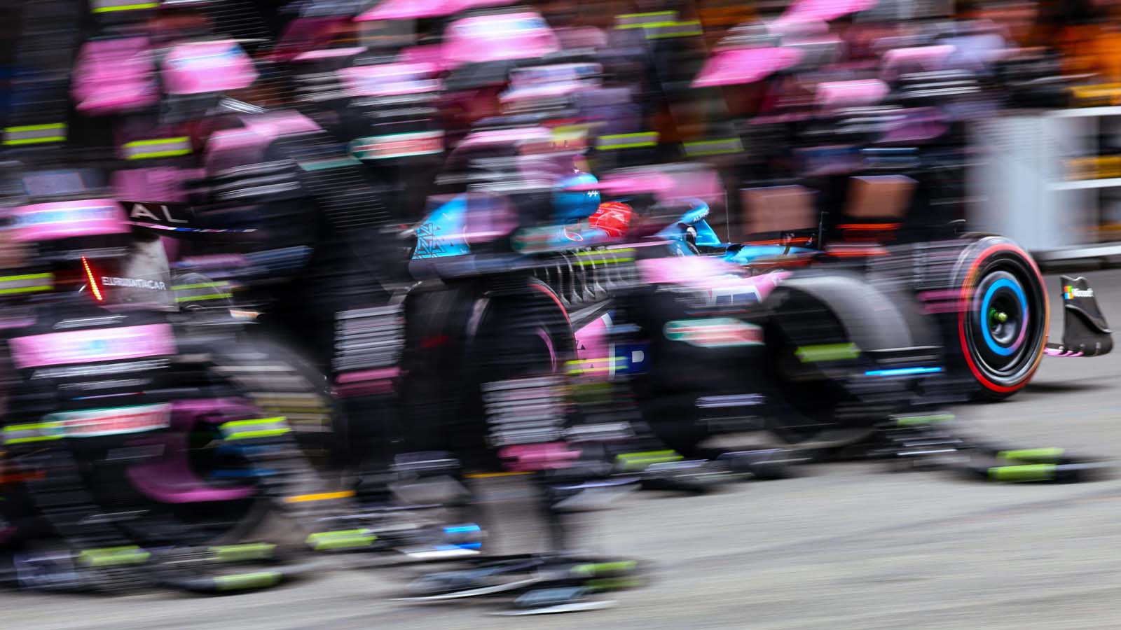 Esteban Ocon leaves the pit box. FIA F1 Baku April 2023.