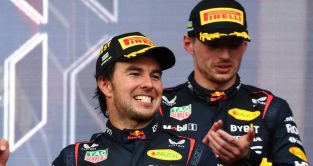 Max Verstappen applauds Red Bull team-mate Sergio Perez. Azerbaijan, April 2023.