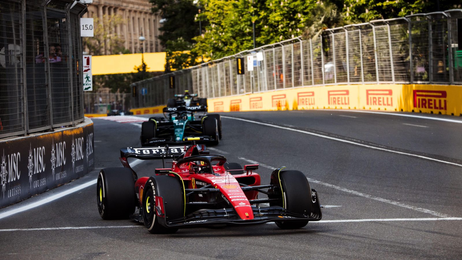 Ferrari's Carlos Sainz on track at the Azerbaijan Grand Prix. Baku, May 2023.