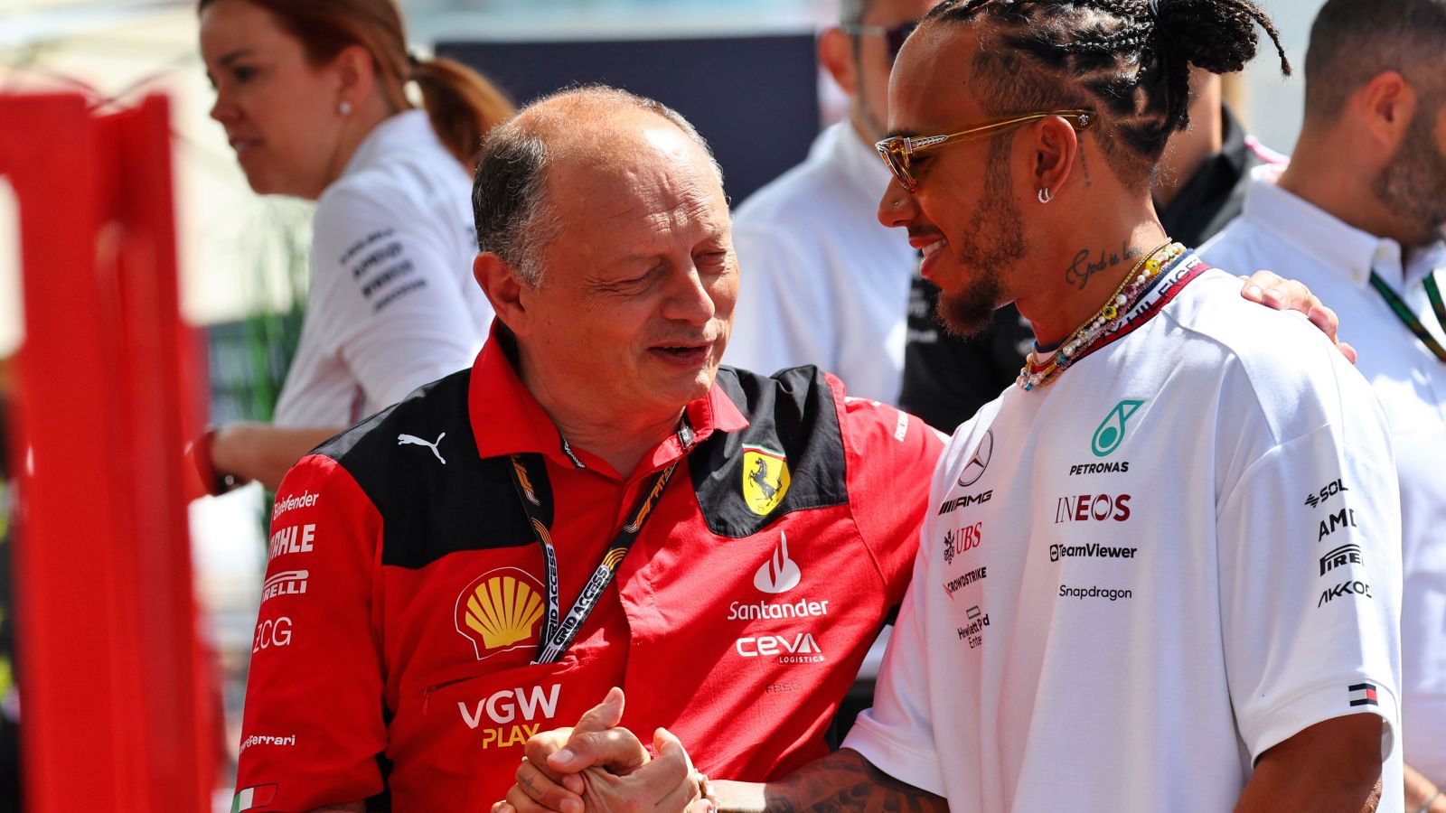 Mercedes driver Lewis Hamilton greets Ferrari team principal Fred Vasseur in the Formula 1 paddock at the Azerbaijan Grand Prix. Baku, 2023.