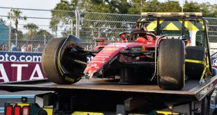 查尔斯Leclerc's crashed Ferrari SF-23. Miami May 2023
