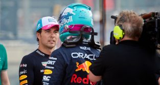 Max Verstappen congratulates his Red Bull team-mate Sergio Perez. Miami May 2023