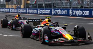 Sergio Perez with Max Verstappen behind in the race. Miami May 2023.