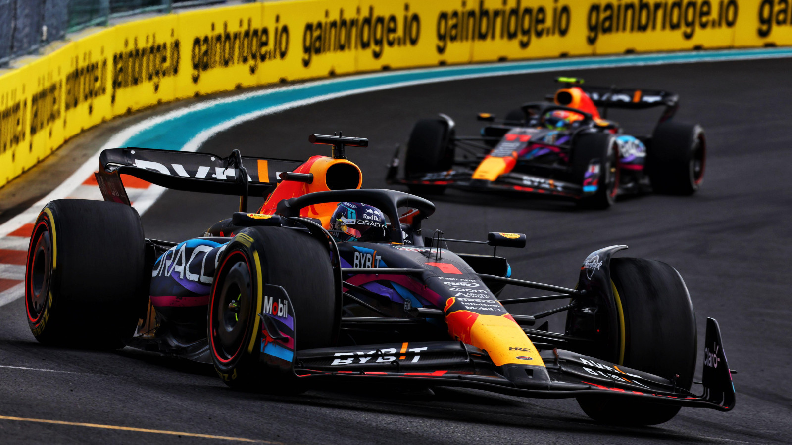 Red Bull driver Max Verstappen leads Sergio Perez at the Miami Grand Prix. Miami, May 2023.