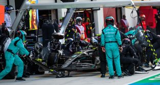 Lewis Hamilton makes a Mercedes pit stop in the grand prix. Miami May 2023