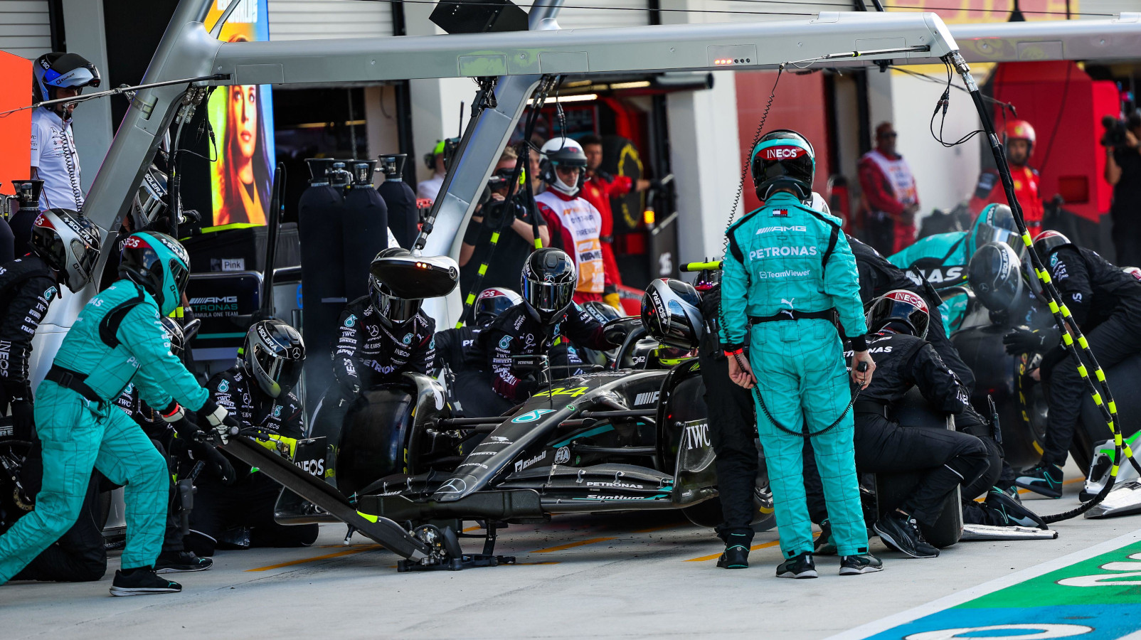 Lewis Hamilton makes a Mercedes pit stop in the grand prix. Miami May 2023