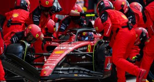 Carlos Sainz makes a pit stop for Ferrari in the grand prix. Miami May 2023