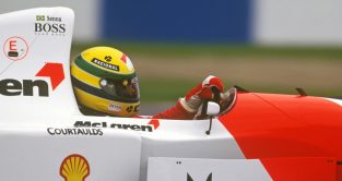 Ayrton Senna in complete control as he drives to victory for McLaren at the European Grand Prix. Donington Park, 1993.