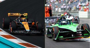 Formula 1 and Formula E cars alongside each other. May 2023.