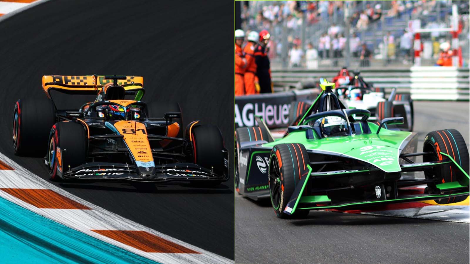 Formula 1 and Formula E cars alongside each other. May 2023.