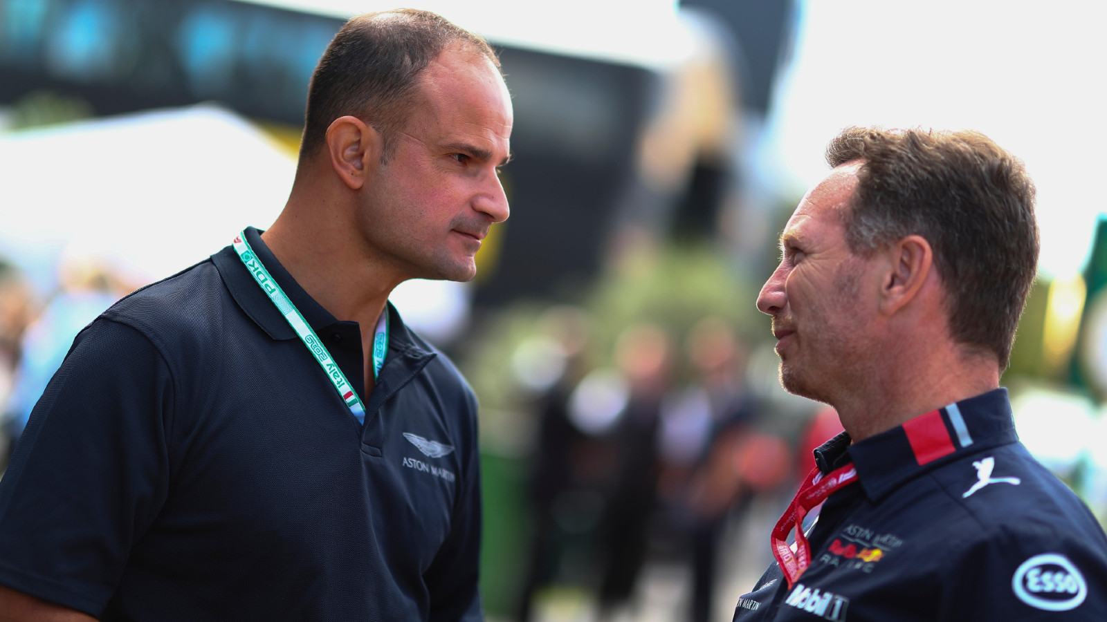 Vitantonio Liuzzi chatting with Red Bull's Christian Horner in 2019.