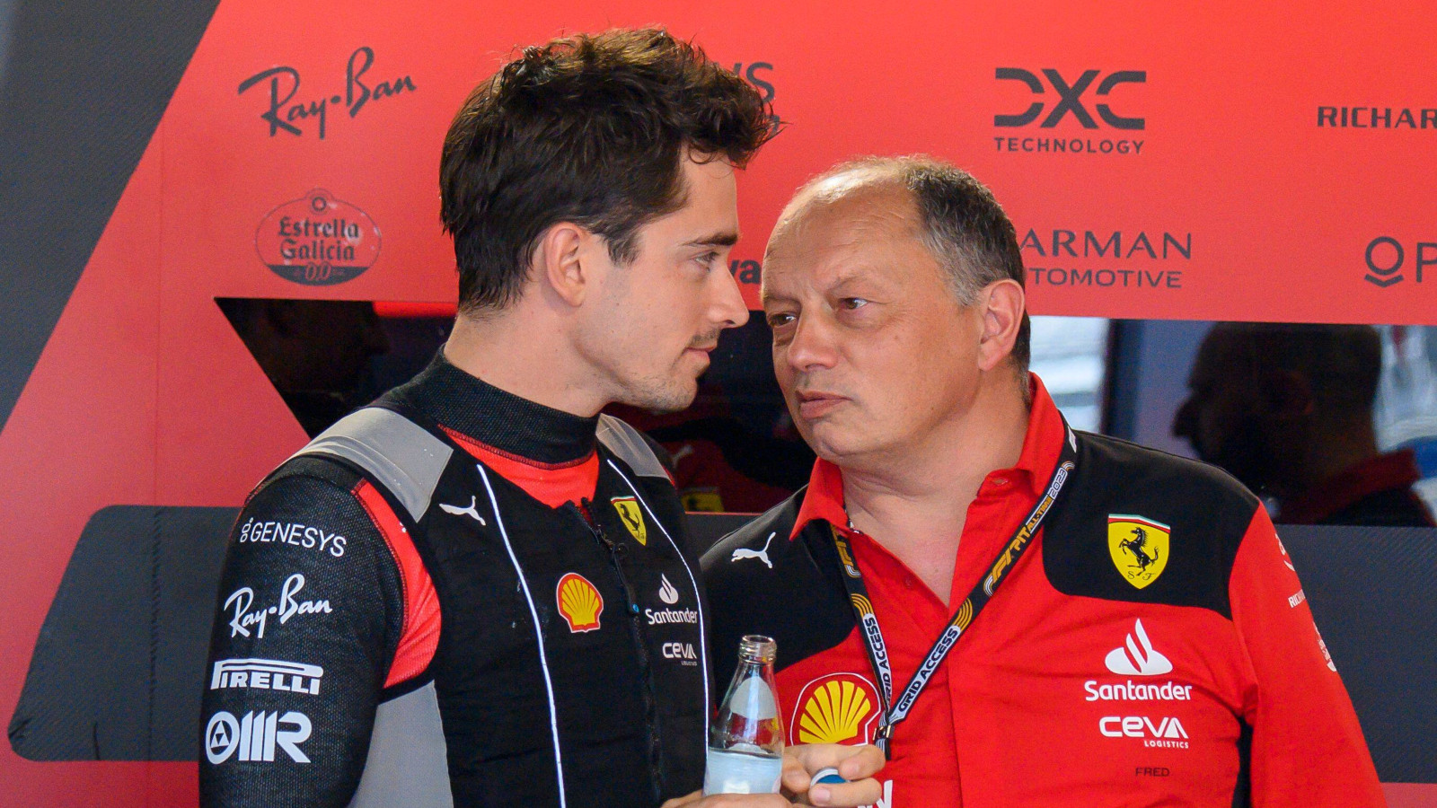 Fred Vasseur speaking with Charles Leclerc in the garage. Miami May 2023