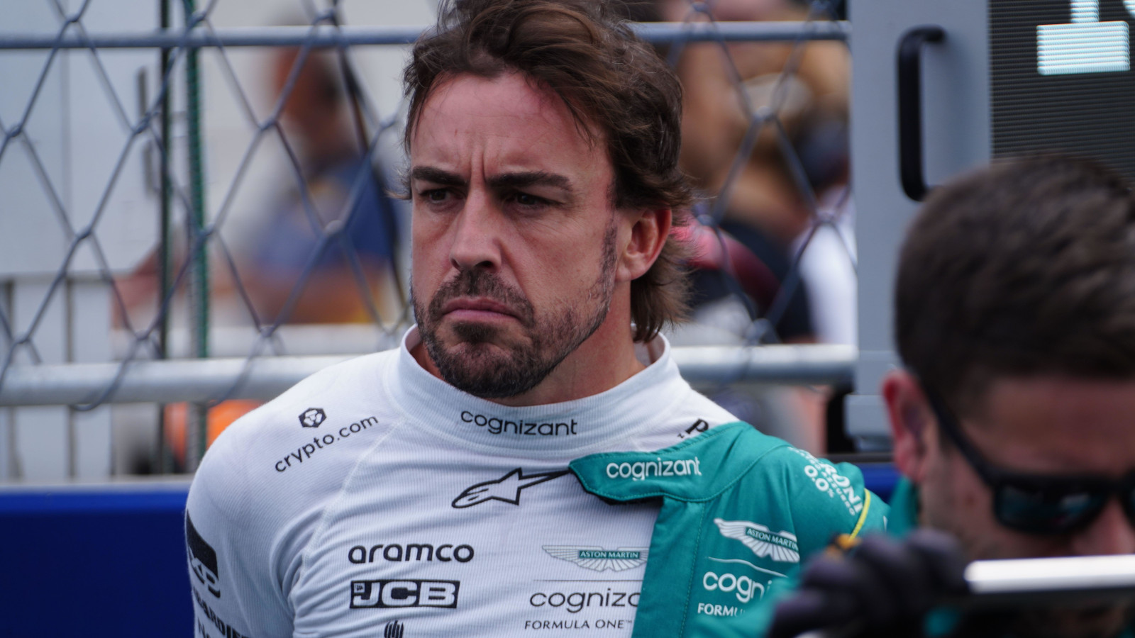 Fernando Alonso looking serious on the grid. Miami May 2023
