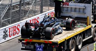 Crashed Mercedes of Lewis Hamilton is recovered. Monaco May 2023.