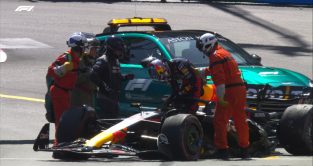 Red Bull's Sergio Perez crashes in qualifying at the Monaco Grand Prix. Monte Carlo, May 2023.