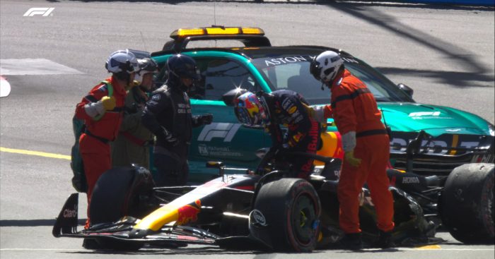 Red Bull driver Sergio Perez crashes in qualifying at the Monaco Grand Prix. Monte Carlo, May 2023.