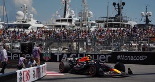 Red Bull's Sergio Perez on track at the Monaco Grand Prix. Monte Carlo, May 2023.