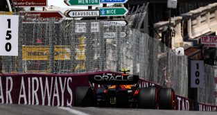 Red Bull's Sergio Perez on track at the Monaco Grand Prix. Monte Carlo, May 2023.