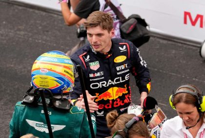 Fernando Alonso congratulates Red Bull driver Max Verstappen. Monaco May 2023.