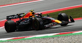 Red Bull driver Sergio Perez on track at the Spanish Grand Prix. Barcelona, June 2023.