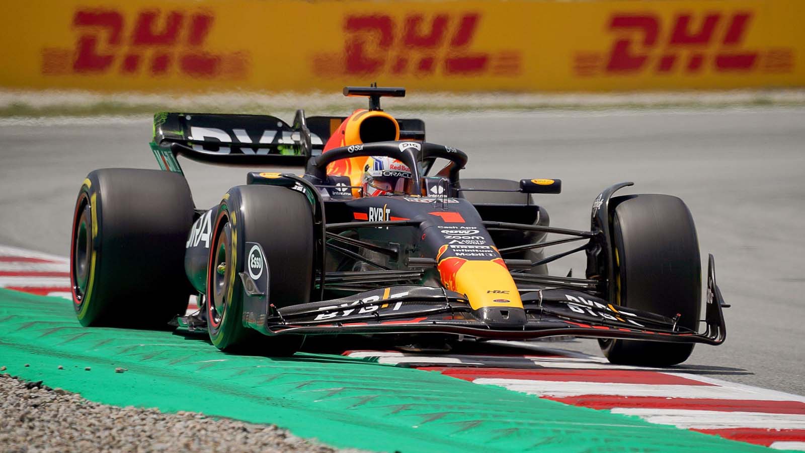 Red Bull driver Max Verstappen runs in FP2. Barcelona June 2023.