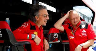 Ferrari sporting director Laurent Mekies laughing on the pit wall with Fred Vasseur. Miami May 2023