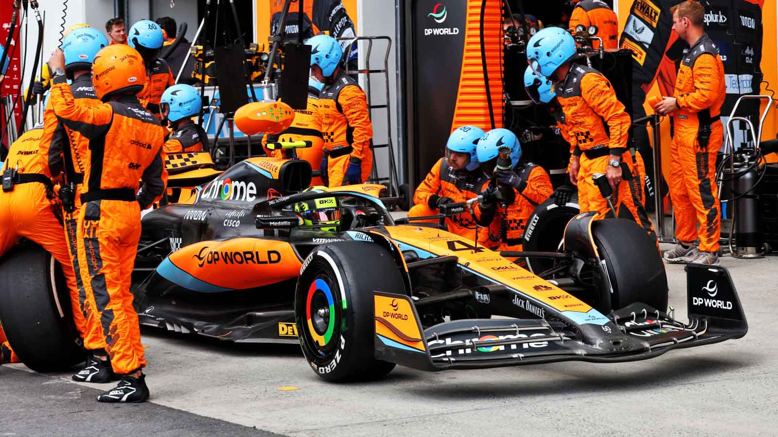 Lando Norris leaves his pit box after one of his pit stops. Canada June 2023.