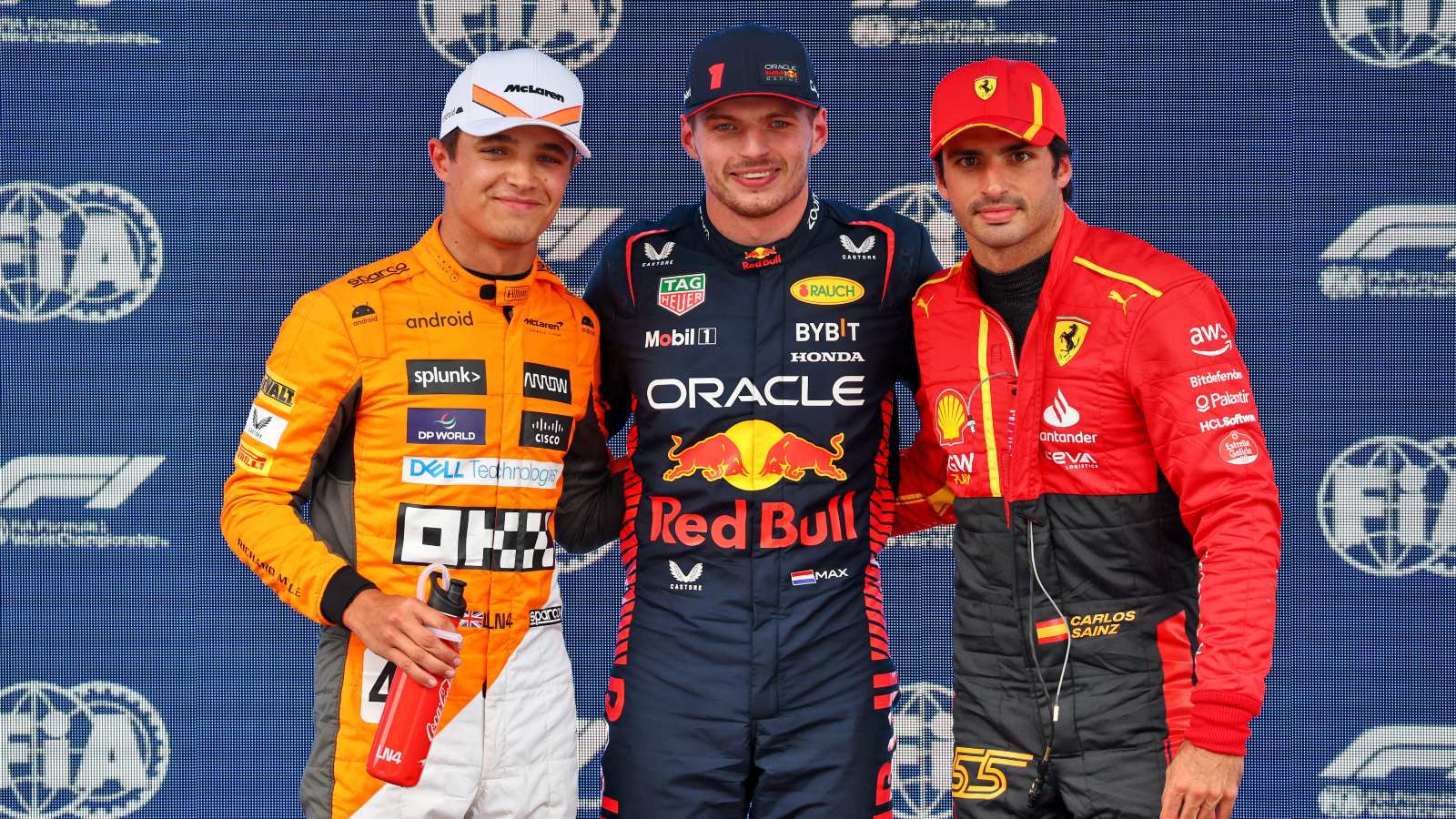 Lando Norris, Max Verstappen and Carlos Sainz pose for a photo. Barcelona, Spanish Grand Prix June 2023.