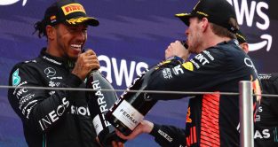 Lewis Hamilton, Mercedes, and Max Verstappen, Red Bull, smile. Spain, June 2023.