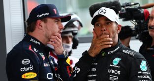 Race winner Max Verstappen speaking with second placed Lewis Hamilton. Spain June 2023