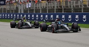 George Russell ahead of Mercedes team-mate Lewis Hamilton. Spain June 2023.