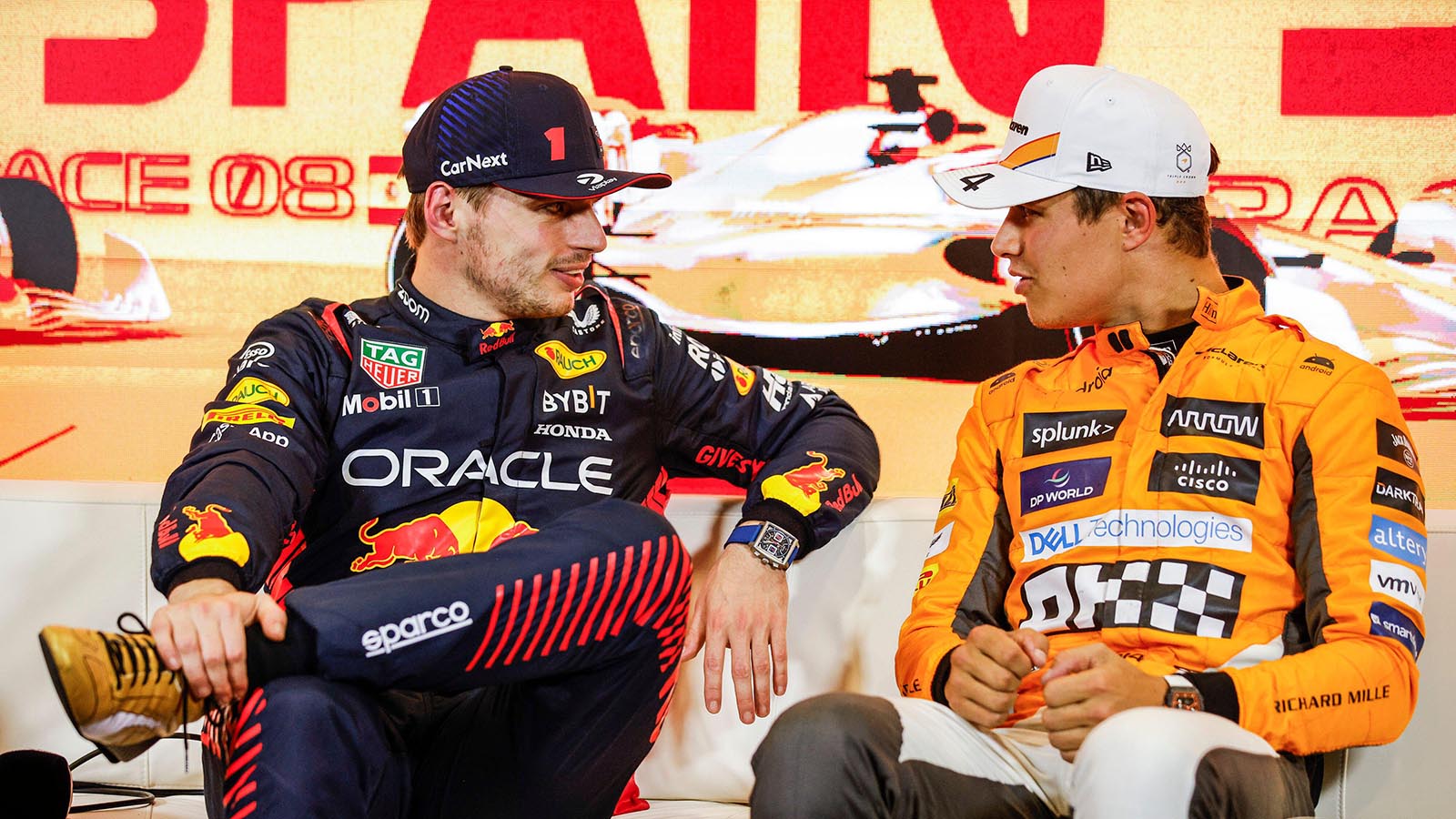 Respective Red Bull and McLaren drivers Max Verstappen and Lando Norris on press conference duties in Spain. June 2023