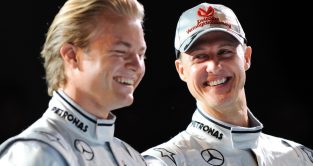 Nico Rosberg and Michael Schumacher laughing. STUTTGART GERMANy January 2010